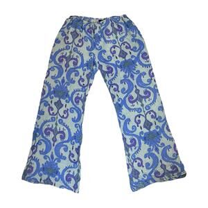 AUM COUTURE Blue Purple 100% Silk Ikat Paisley Print Pants Pull On Beach Boho L